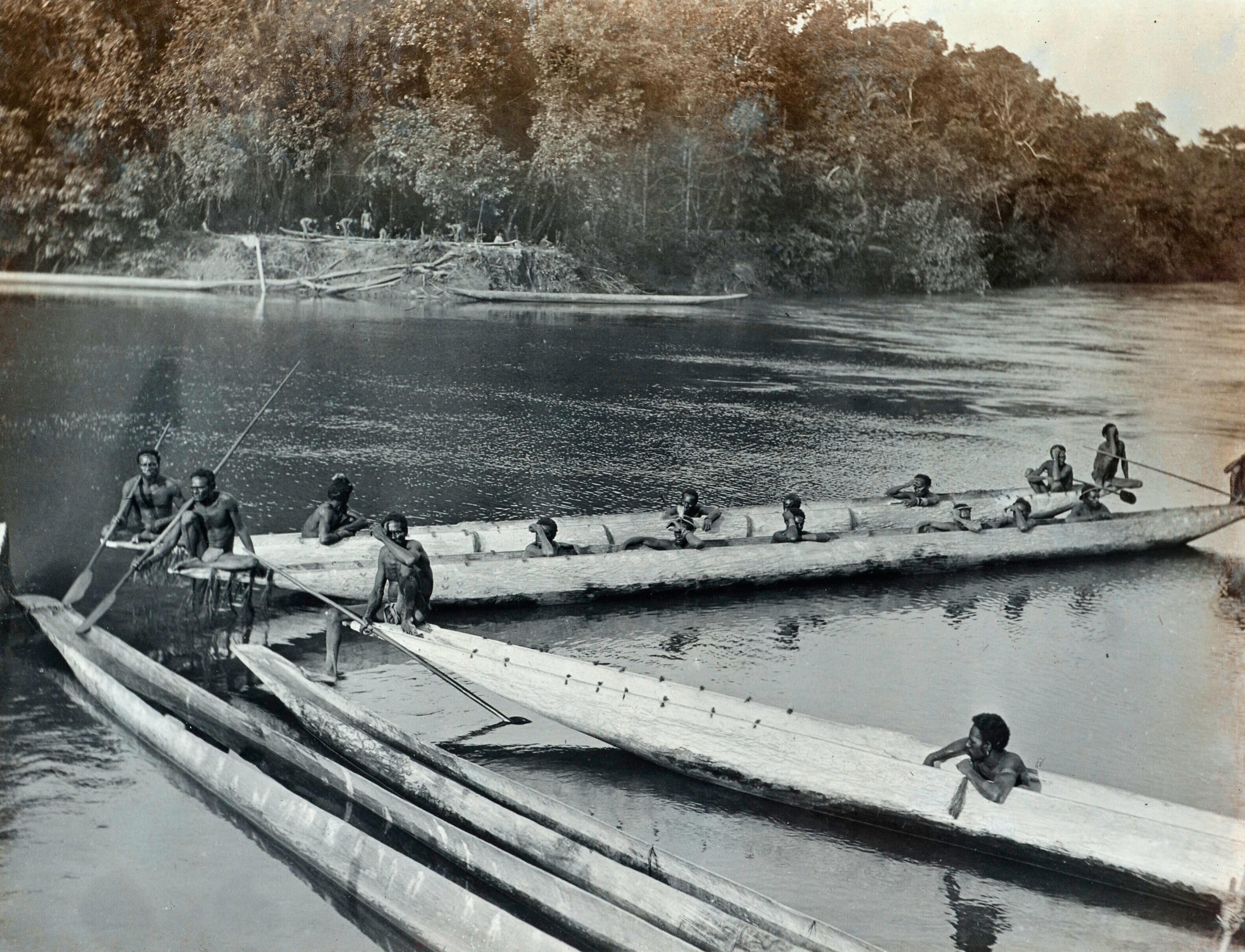 Prauwen met Papua's die een bezoek brengen aan het basiskamp van de Wollaston-expeditie